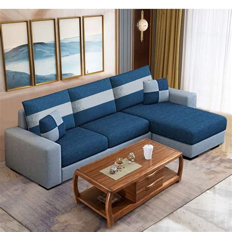 Mintcasa Renold 4 Seater Fabric RHS L Shape Sofa Set (Blue-Grey ...