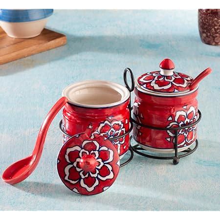 Hindustani Saudagar Ceramic Jar Set with Iron Stand, 2 Spoon & Matching ...