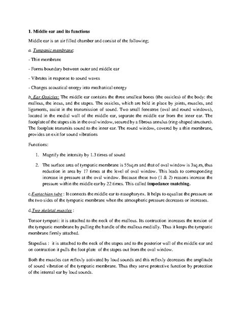 EAR PART I - Lecture notes - 1. Middle ear and its functions Middle ear ...