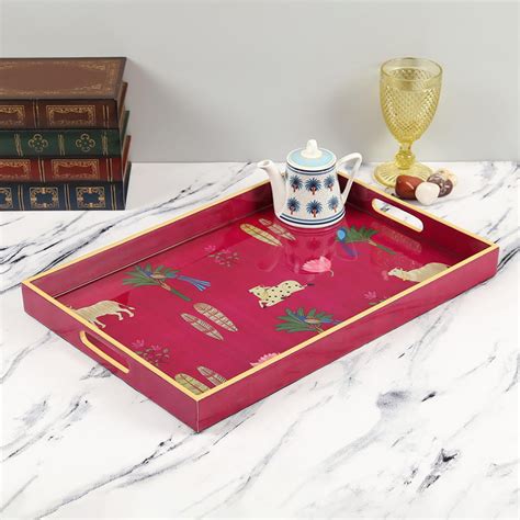 Buy INDIA CIRCUS Magenta Biome Red Printed Wooden Serving Tray ...