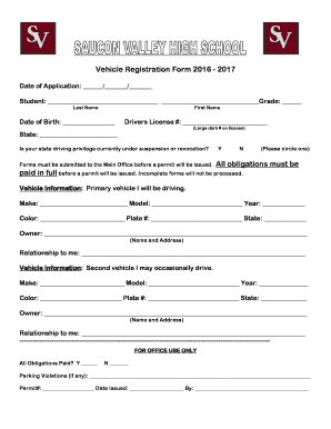 Fillable Online svpanthers Vehicle Registration Form 2016 - 2017 ...