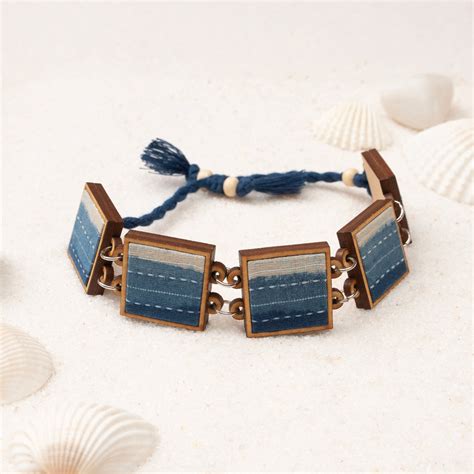 Shades of Indigo Blue Repurposed Fabric and Wood Square Bracelet – Baro ...
