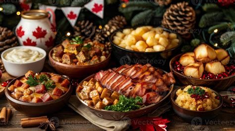 Christmas table with a variety of traditional Canadian dishes such as ...