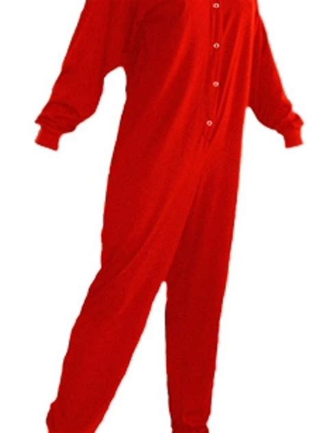 Red Jersey Knit Adult Footed Pajamas Footie Drop Seat Mens Womens PJs ...