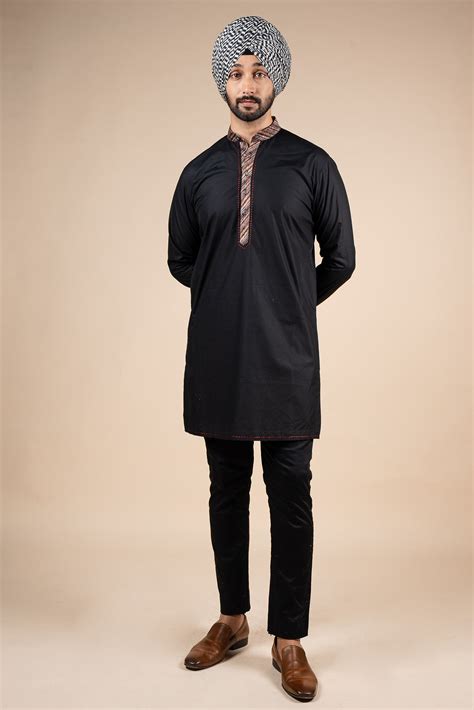 Rich Black Kurta with Striped Accents | PANJ