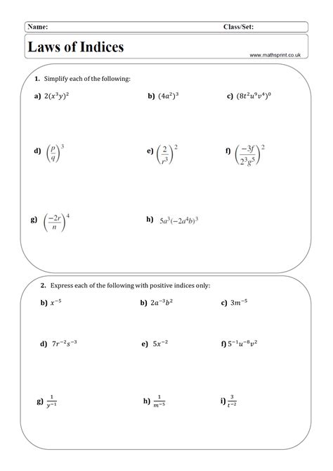 Laws Of Indices Worksheet Corbettmaths at Jesse Lombard blog