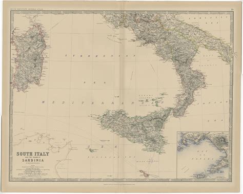 Antique Map of Southern Italy and Sardinia by Johnston (1882)