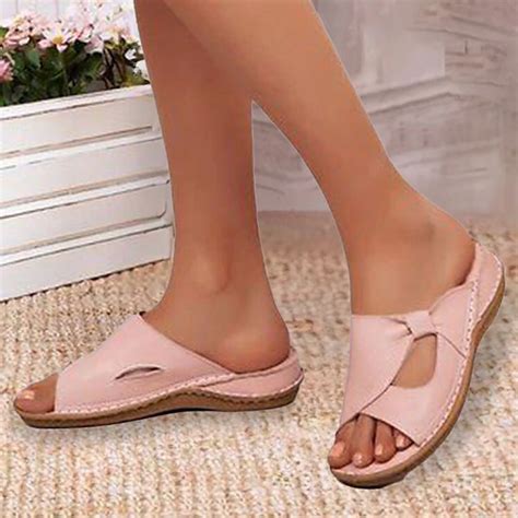 Women's Casual Pink Open-Toe Slip-On Sandals with Bow Accent ...