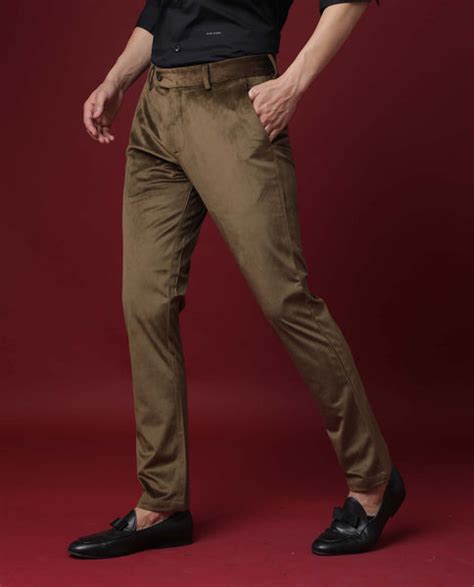 Rare Rabbit Men's Ozzy Olive Solid Mid-Rise Slim Fit Premium Velvet Tr