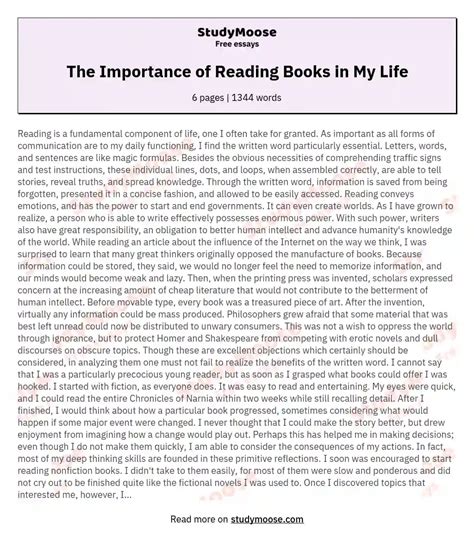 The Importance of Reading Books in My Life Free Essay Example