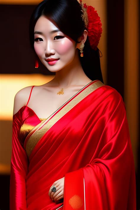 Lexica - Japanese anri okita wearing a transparent red saree with no blouse