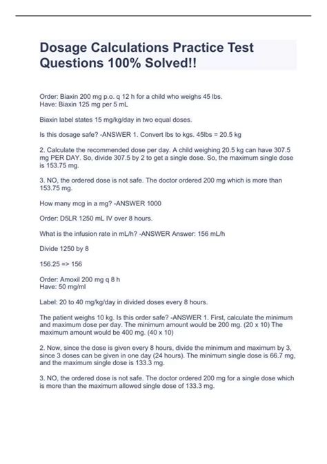 Dosage Calculations Practice Test Questions 100% Solved!! - Dosage ...