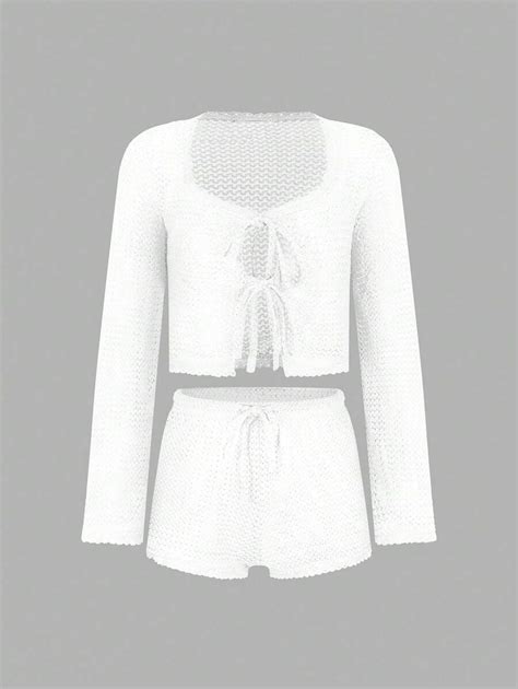 Luminous Label Sheer Crochet Knit Tie-Front Cardigan & Shorts Set ...
