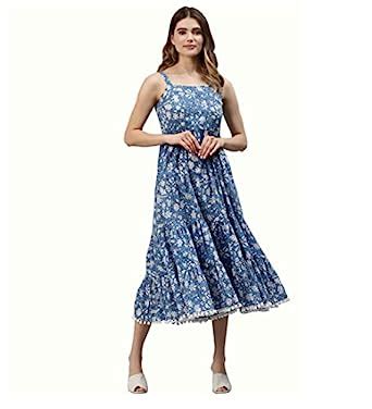 Buy Divena Indigo Floral Printed Shoulder Strip Long Dress at Amazon.in