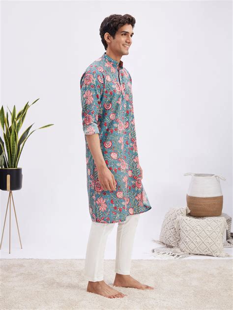 Men's Kurta Pant Set Blue Red Floral | VASTRAMAY – vastramay