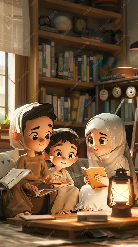Premium Photo | A family of three people reading a book with a lamp ...