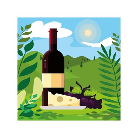 Weinflasche mit Käse und Trauben | Premium Vektor