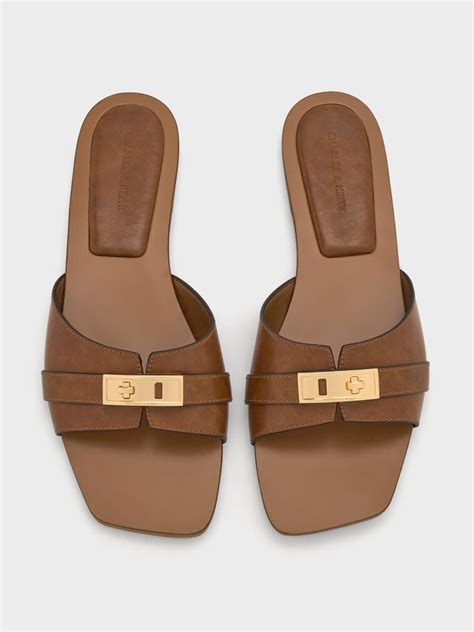 Cognac Lando Metallic-Accent Belted Slide Sandals - Cognac - CHARLES ...
