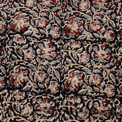 Pure Cotton Kalamkari Black With Red And Grey Wild Flower Jaal Hand Bl ...