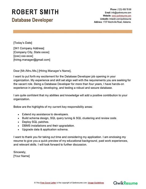 Image result for Database Developer Cover Letter