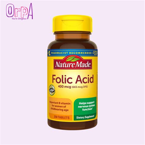 Nature Made Folic Acid 400 Mcg (665 Mcg DFE) - 250 Tablets - Orpa