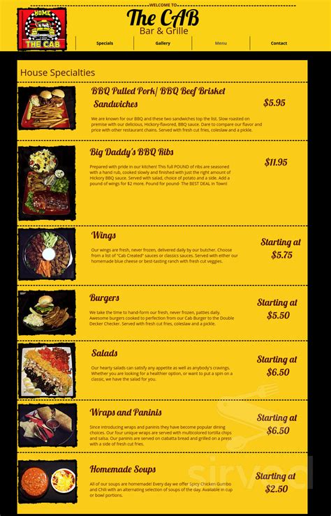 Menu for The Cab in Erie, PA | Sirved