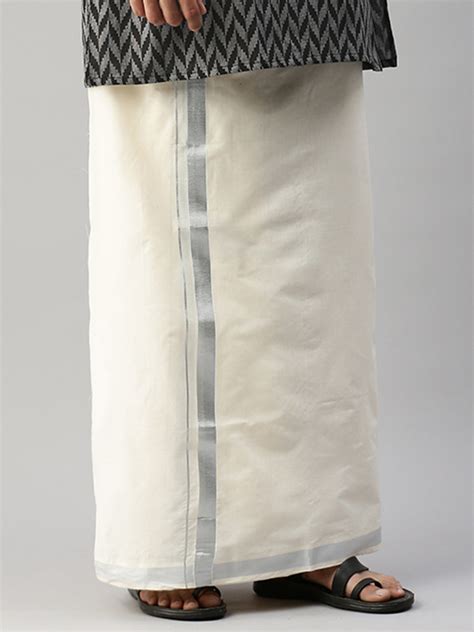 Mens Kora Double Dhoti 1" Silver Jari Border Silver Mark-Front view