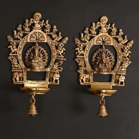 Brass Ganesha And Lakshmi Frames Diya With Bell (11.5 Inch) – Vedansh Craft