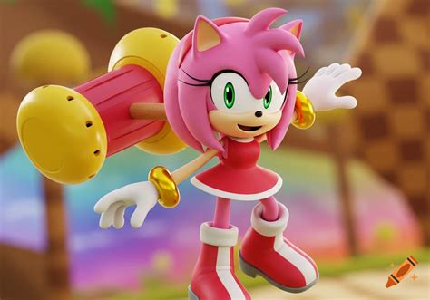3D render of Amy Rose the hedgehog holding her hammer in a vibrant ...