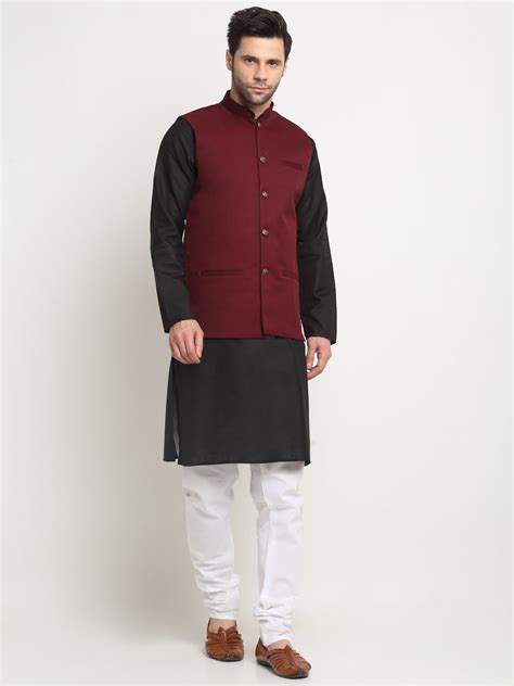 Buy KRAFT INDIA Men's Cotton Solid Black Kurta Churidar With Twill ...