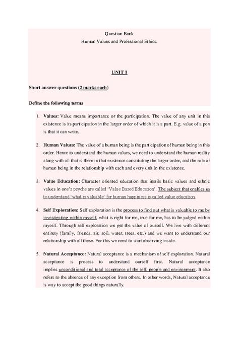 Question Bank: Human Values and Professional Ethics (BTech) - Unit 1 ...