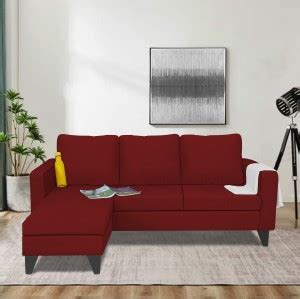 ADORN INDIA Chandler L Shape 4 Seater Sofa Set Plain (Maroon) Fabric 4 ...