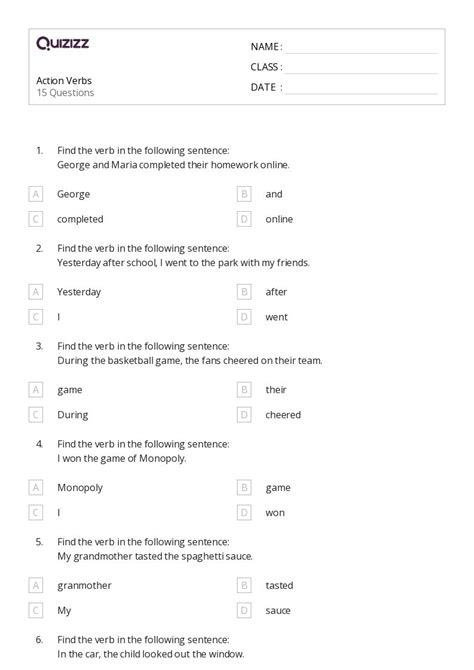 50+ Action Verbs worksheets for 6th Class on Quizizz | Free & Printable