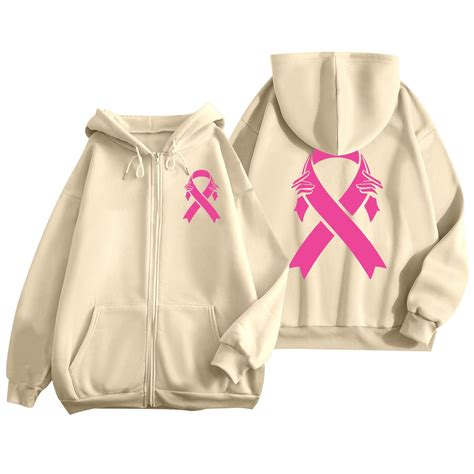 Breast Cancer Hoodies for Women Zip Up Drawstring Cute Pink Ribbon ...