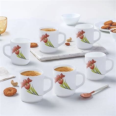 Larah by BOROSIL Red Iris Opalware Mug, Set of 6 Tea/Coffee Mugs, 240 ...