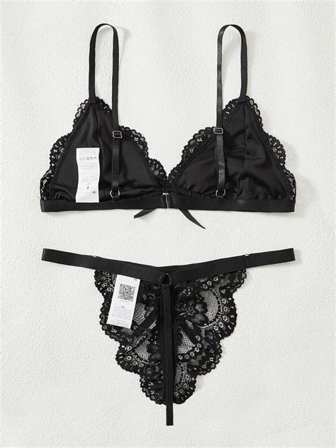 Classic Sexy Lace Scallop Trim Bow Front Lingerie Set | SHEIN IN