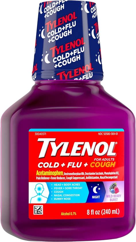 Tylenol Cold + Flu + Cough Night Liquid Medicine with Acetaminophen ...