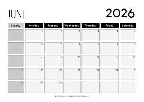 Free June 2026 Calendar with Holidays Printable PDF