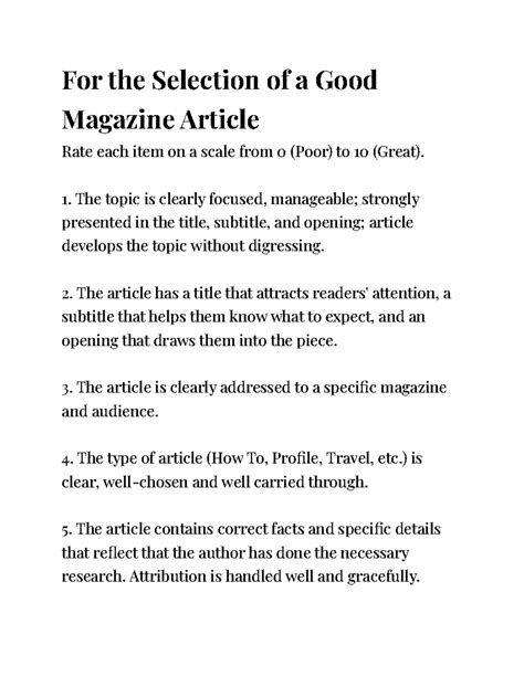 For the Selection of a Good Magazine Article - For the Selection of a ...