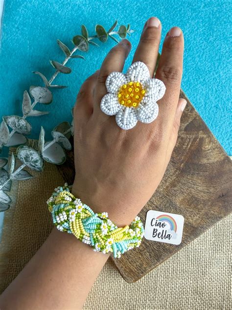 Luxe Flora Light Blue Yellow Handmade Beaded Bracelet + Ring Combo ...