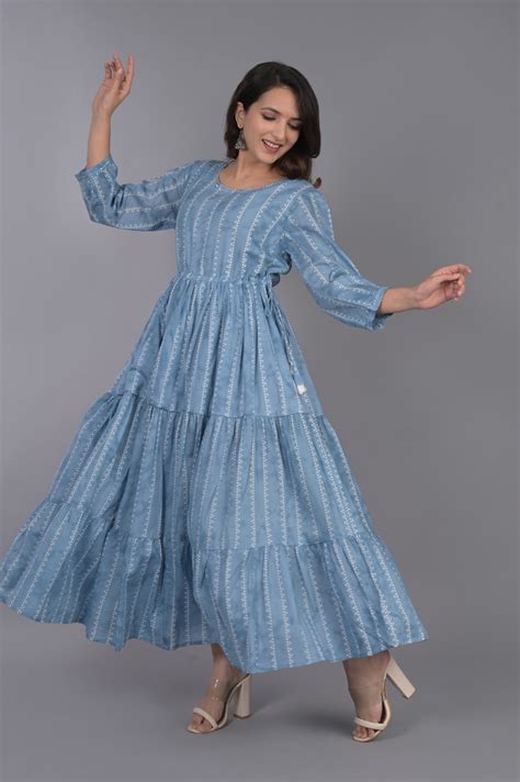 Cotton 3-Tier Blue Flared Dress
