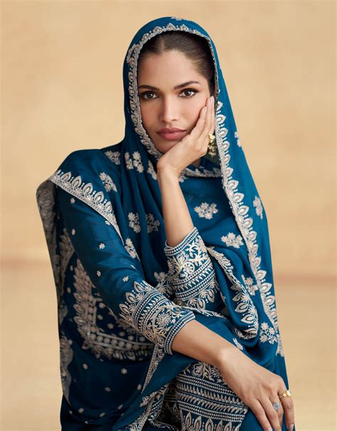 Teal Blue Chinnon Silk Embroidered Palazzo Suit with Dupatta – Anant ...