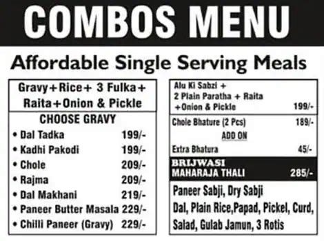 Menu at Brijwasi Aahaar, Hyderabad