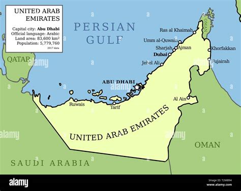United Arab Emirates (UAE) map. Outline vector country map with main cities and data table Stock ...