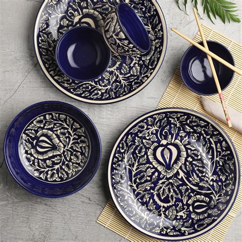 VarEesha Hand Crafted Blue Mughal Ceramic 10 Piece Dinner Set| 4 Plates ...