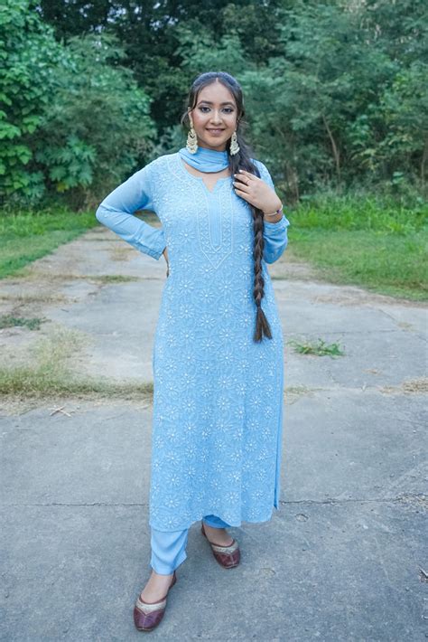 Pearl blue chikankari set – Ethnic Threads