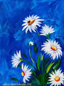 Tallenge - Oil Painting - White Flowers with Blue Background - Small ...