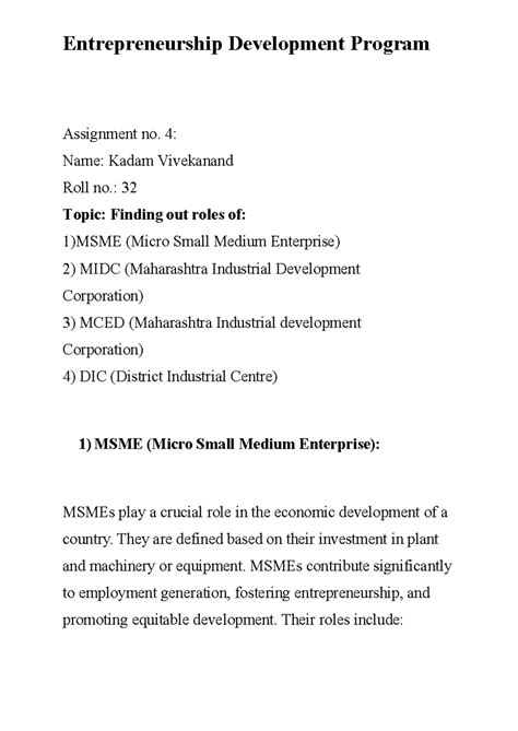 Entrepreneurship Development Program Assignment 4: Roles of MSME, MIDC ...
