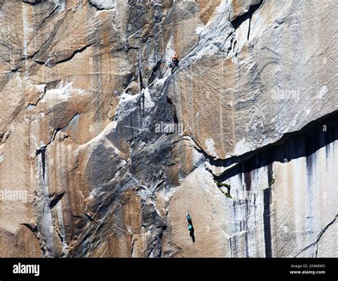 Ant like climbers on El Capitan, a 3,000 feet vertical rock formation ...