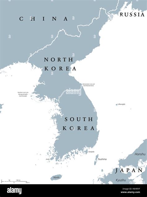 Korean peninsula countries political map with North and South Korea and national borders. Gray ...